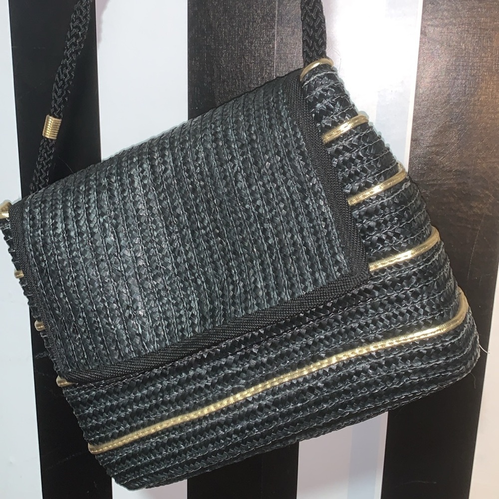 Vintage Black/Gold Woven Straw Bag Purse Pocketbook Coastal Nautical Beach Bag - Picture 12 of 16